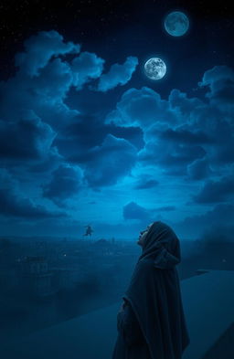 A mystical night scene depicting hidden battles in a dark blue sky, with a woman in a hijab gazing upwards with hope in her eyes