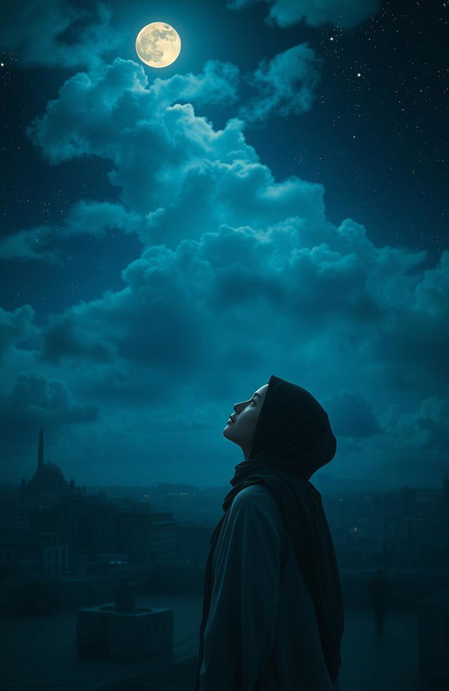 A mystical night scene depicting hidden battles in a dark blue sky, with a woman in a hijab gazing upwards with hope in her eyes