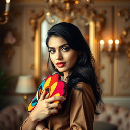 A sophisticated portrait of a glamorous young woman resembling a Bollywood actress with dark hair and bright eyes, elegantly styled in a fashionable outfit