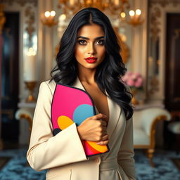 A sophisticated portrait of a glamorous young woman resembling a Bollywood actress with dark hair and bright eyes, elegantly styled in a fashionable outfit