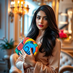 A sophisticated portrait of a glamorous young woman resembling a Bollywood actress with dark hair and bright eyes, elegantly styled in a fashionable outfit