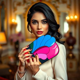 A sophisticated portrait of a glamorous young woman resembling a Bollywood actress with dark hair and bright eyes, elegantly styled in a fashionable outfit
