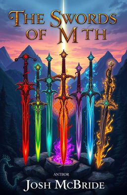 A stunning illustration of six magical swords arranged artfully in a fantasy setting, showcasing their intricate designs and unique features