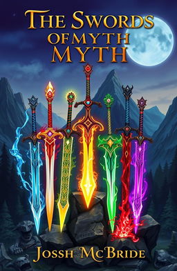 A stunning illustration of six magical swords arranged artfully in a fantasy setting, showcasing their intricate designs and unique features