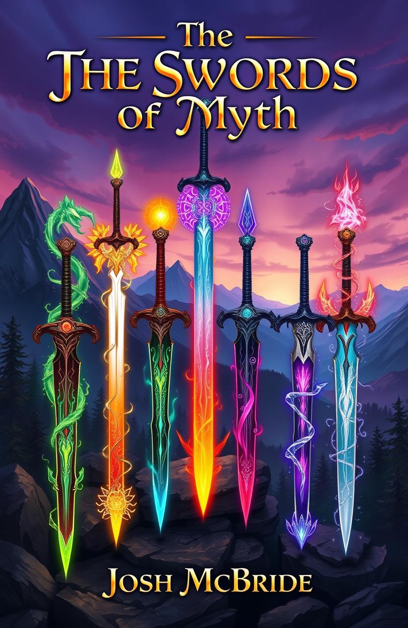 A stunning illustration of six magical swords arranged artfully in a fantasy setting, showcasing their intricate designs and unique features