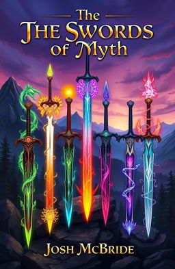 A stunning illustration of six magical swords arranged artfully in a fantasy setting, showcasing their intricate designs and unique features