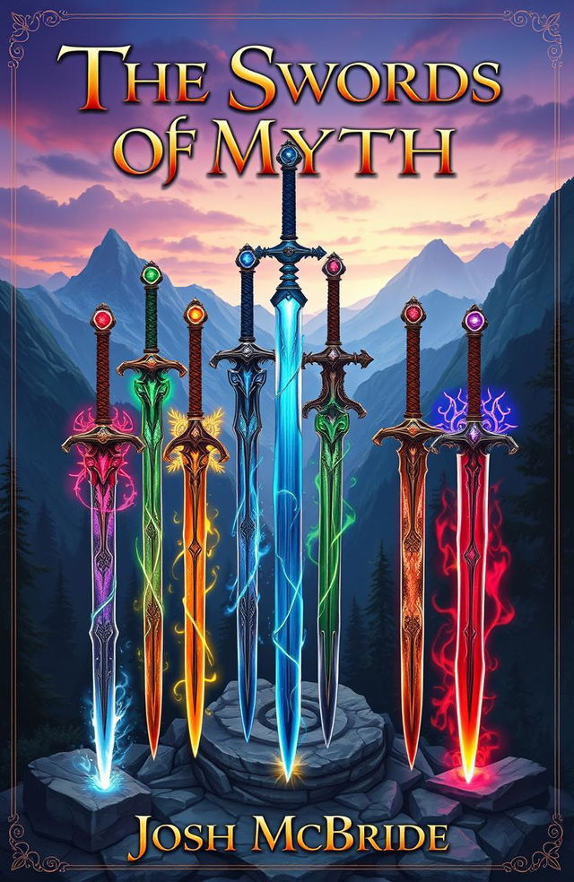 A stunning illustration of six magical swords arranged artfully in a fantasy setting, showcasing their intricate designs and unique features