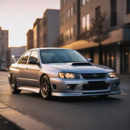 A well detailed, gleaming Subaru Impreza GC8 in an aesthetic urban environment under the soft glow of sunset.