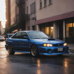 A well detailed, gleaming Subaru Impreza GC8 in an aesthetic urban environment under the soft glow of sunset.