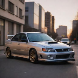 A well detailed, gleaming Subaru Impreza GC8 in an aesthetic urban environment under the soft glow of sunset.