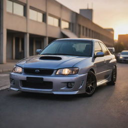 A well detailed, gleaming Subaru Impreza GC8 in an aesthetic urban environment under the soft glow of sunset.