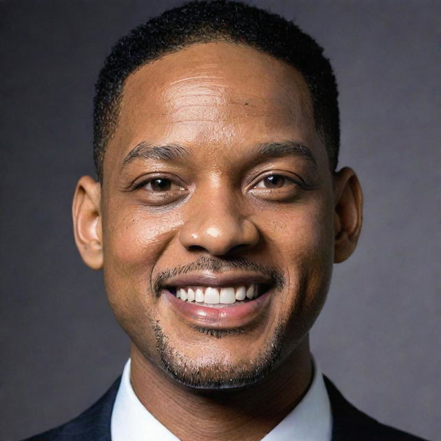 A professional and highly detailed portrait of actor Will Smith donned in formal attire, smiling enigmatically.