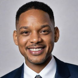 A professional and highly detailed portrait of actor Will Smith donned in formal attire, smiling enigmatically.