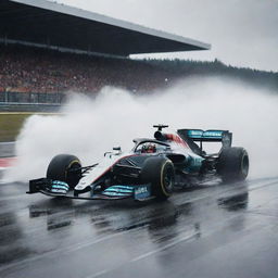 A dramatic scene featuring an F1 car driving at high speed on a rain-soaked racetrack, spray of water erupting from the tires.