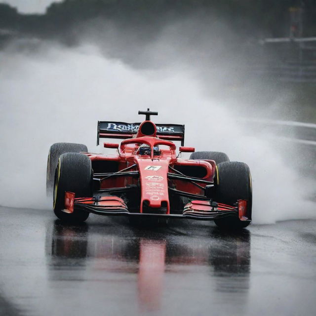 A dramatic scene featuring an F1 car driving at high speed on a rain-soaked racetrack, spray of water erupting from the tires.