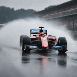 A dramatic scene featuring an F1 car driving at high speed on a rain-soaked racetrack, spray of water erupting from the tires.