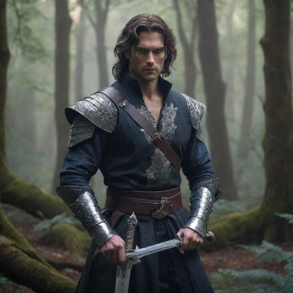 An intriguing male character, dressed in fantasy attire, holding a majestic sword, with a steely gaze. The scene is set against a mystical forest backdrop.