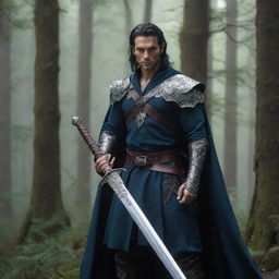 An intriguing male character, dressed in fantasy attire, holding a majestic sword, with a steely gaze. The scene is set against a mystical forest backdrop.