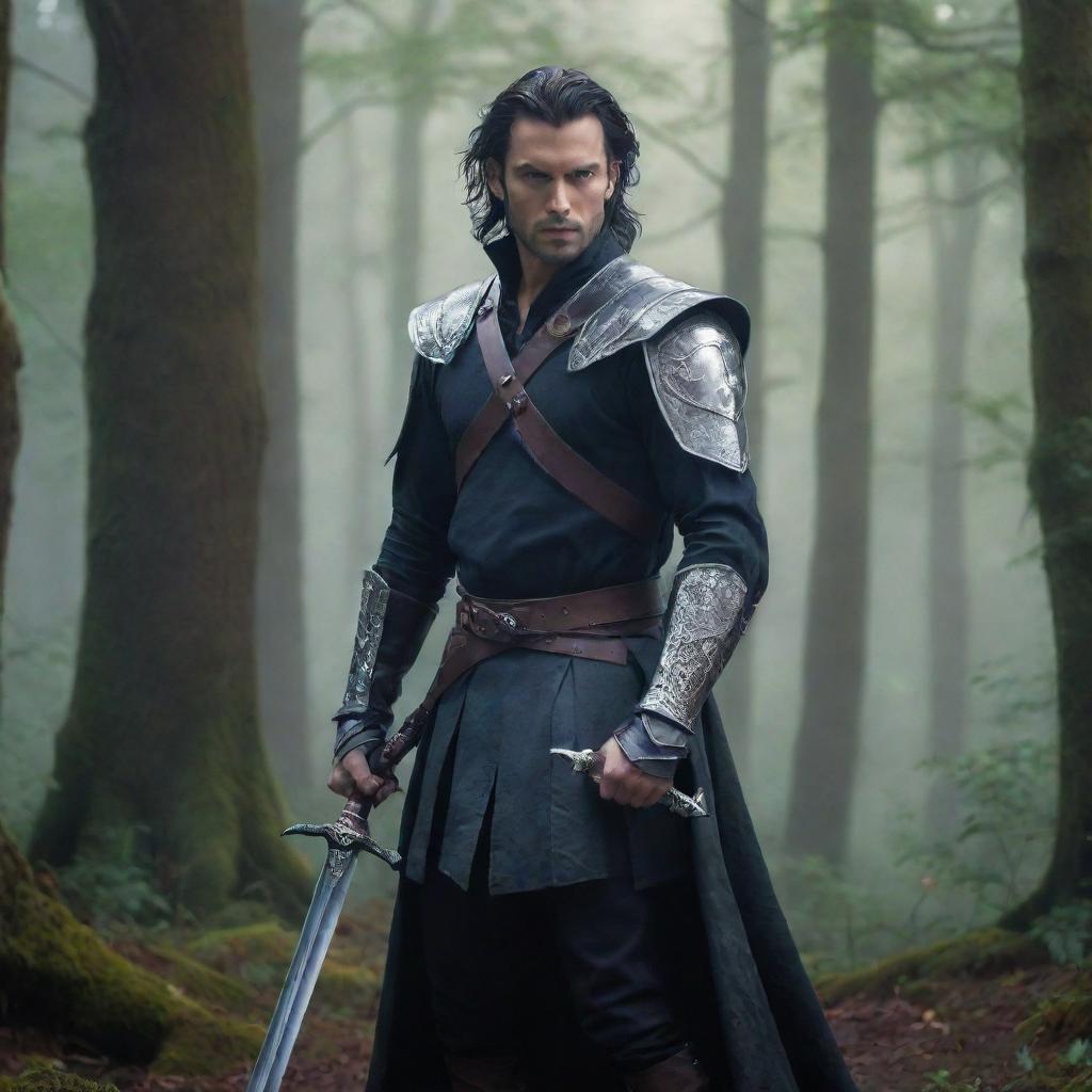 An intriguing male character, dressed in fantasy attire, holding a majestic sword, with a steely gaze. The scene is set against a mystical forest backdrop.