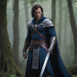 An intriguing male character, dressed in fantasy attire, holding a majestic sword, with a steely gaze. The scene is set against a mystical forest backdrop.