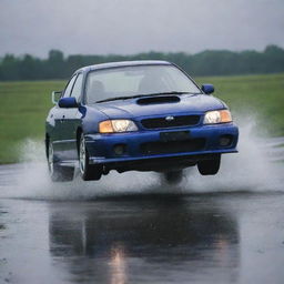 A 1997 Subaru Impreza GC8 in a dynamic pose on a rain-drenched racetrack, water splashing up from the tires, with rain clouds gathering above.