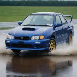 A 1997 Subaru Impreza GC8 in a dynamic pose on a rain-drenched racetrack, water splashing up from the tires, with rain clouds gathering above.