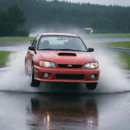 A 1997 Subaru Impreza GC8 in a dynamic pose on a rain-drenched racetrack, water splashing up from the tires, with rain clouds gathering above.