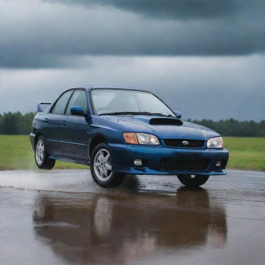 A 1997 Subaru Impreza GC8 in a dynamic pose on a rain-drenched racetrack, water splashing up from the tires, with rain clouds gathering above.