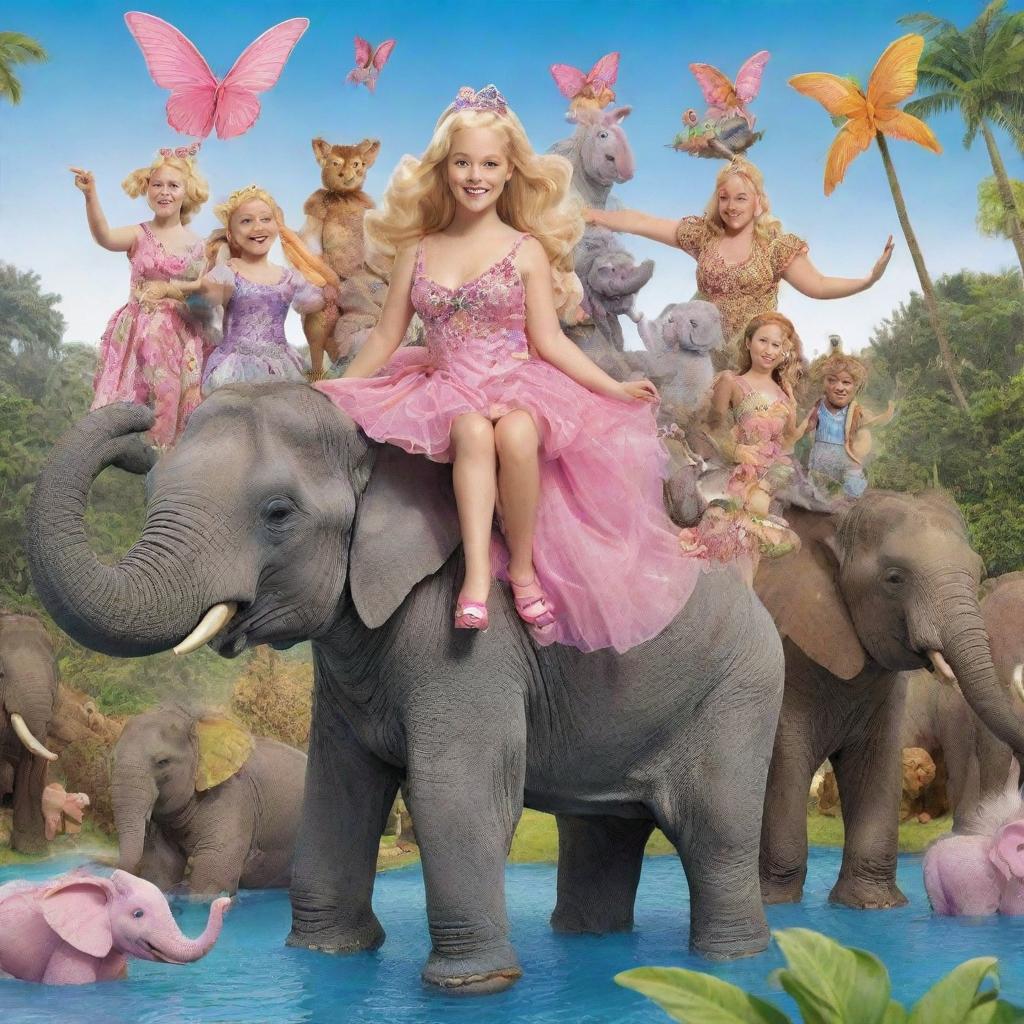 Cartoon illustration of Down Syndrome fairy Barbies in paradise, merrily riding on the back of an elephant with a multitude of jovial cartoon wild animals surrounding them.