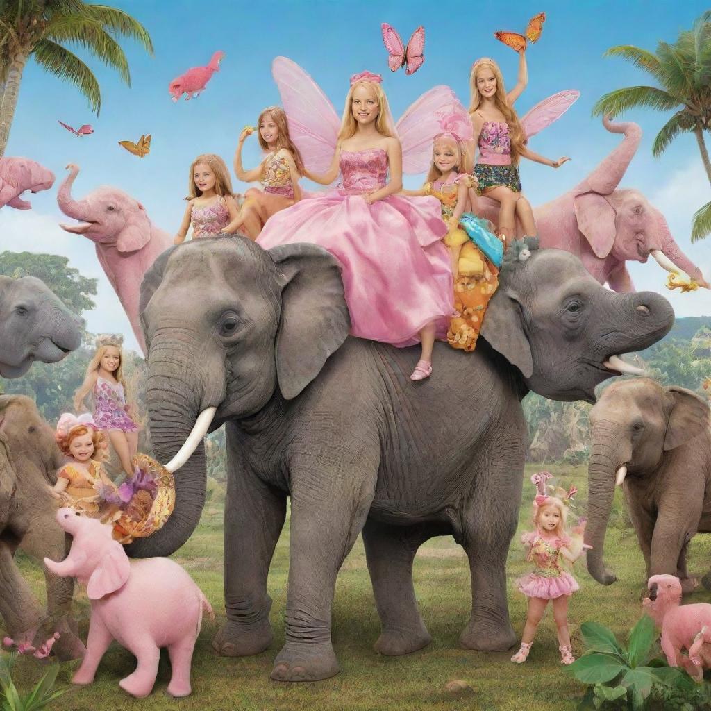 Cartoon illustration of Down Syndrome fairy Barbies in paradise, merrily riding on the back of an elephant with a multitude of jovial cartoon wild animals surrounding them.