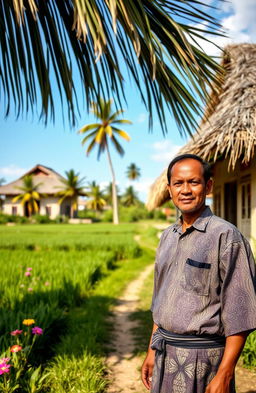 A traditional village scene featuring a man in traditional rural attire, standing in front of his quaint, thatched-roof house