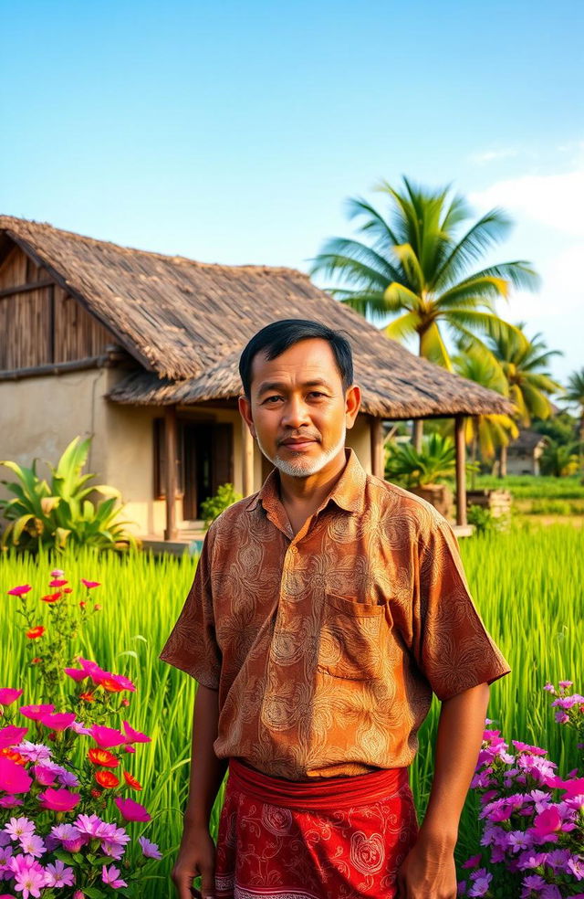 A traditional village scene featuring a man in traditional rural attire, standing in front of his quaint, thatched-roof house