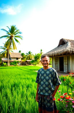 A traditional village scene featuring a man in traditional rural attire, standing in front of his quaint, thatched-roof house