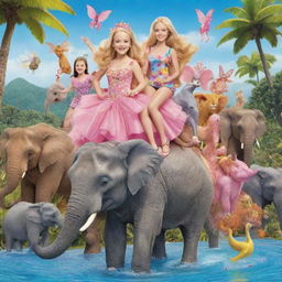 Cartoon illustration of Down Syndrome fairy Barbies in paradise, merrily riding on the back of an elephant with a multitude of jovial cartoon wild animals surrounding them.