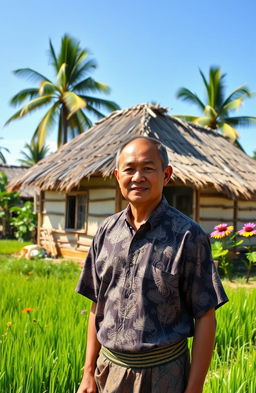 A traditional village scene featuring a man in traditional rural attire, standing in front of his quaint, thatched-roof house