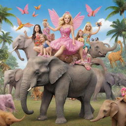 Cartoon illustration of Down Syndrome fairy Barbies in paradise, merrily riding on the back of an elephant with a multitude of jovial cartoon wild animals surrounding them.