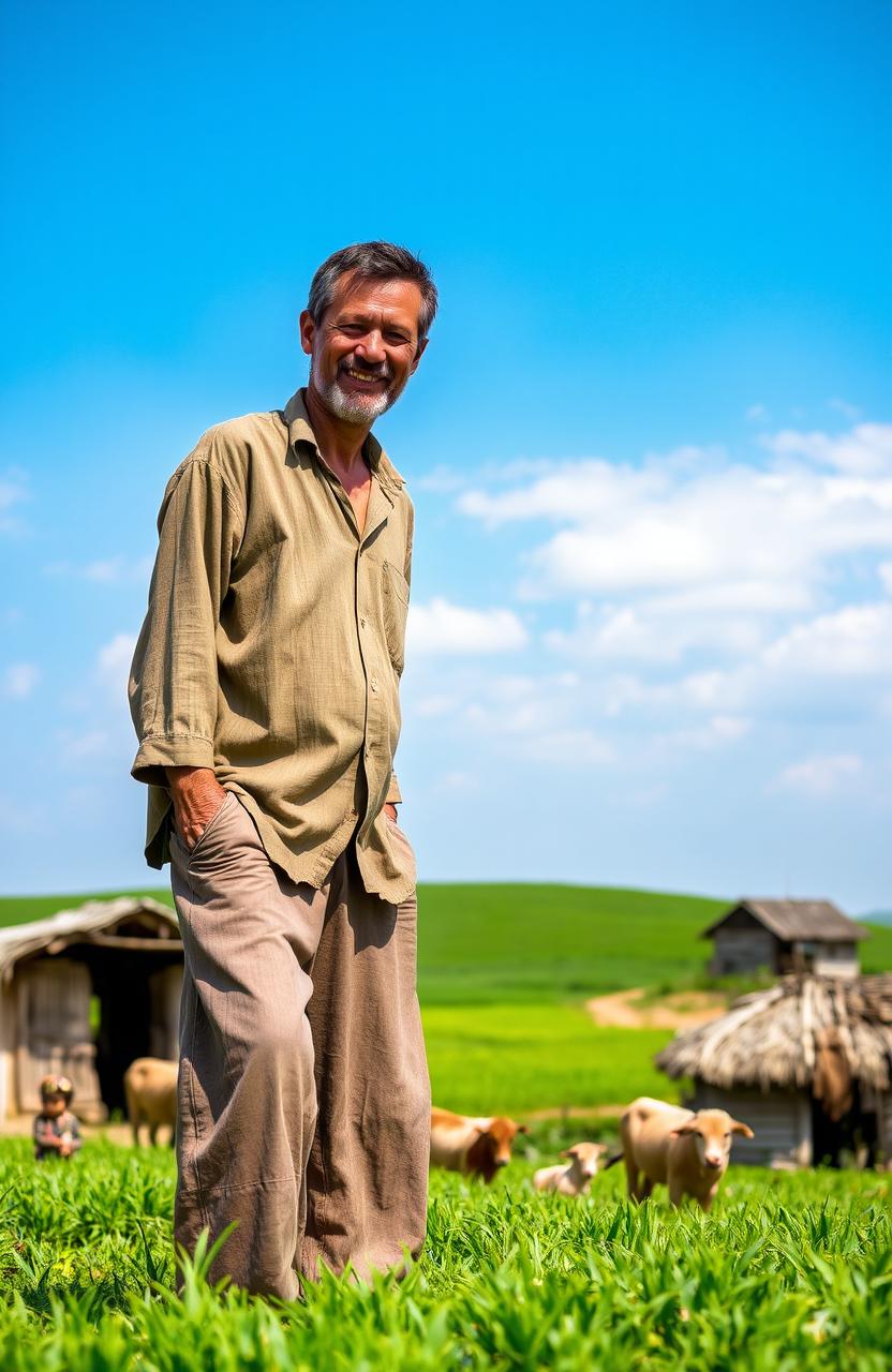 A traditional village scene featuring a husband from a rural area