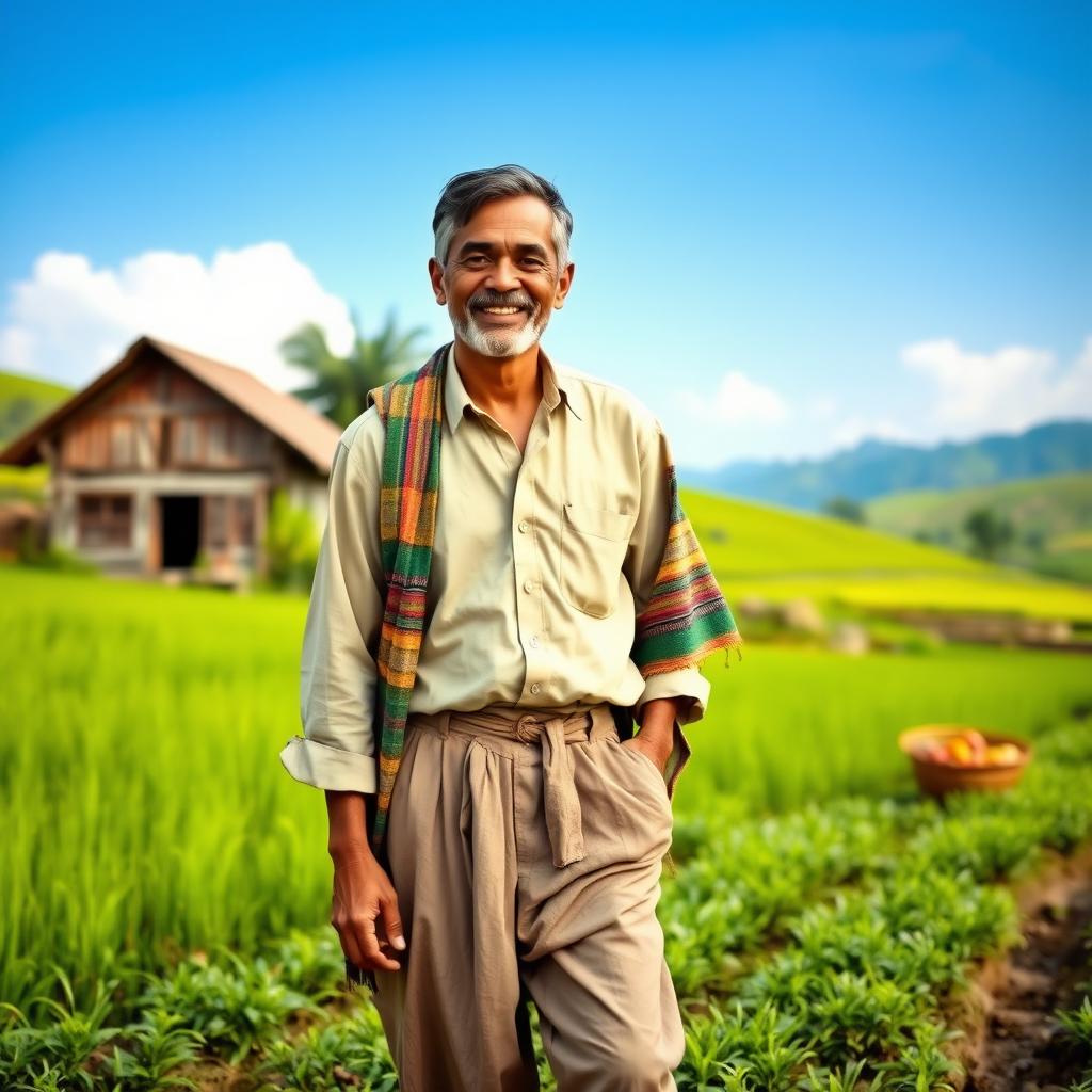 A husband from a village, depicted in a serene rural setting