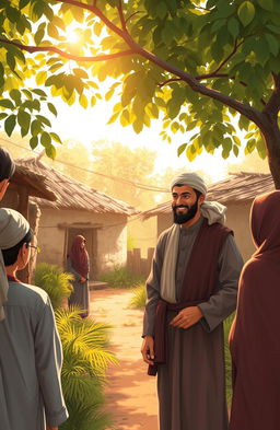 A scene depicting a traditional Islamic village setting, featuring a husband dressed in modest, culturally appropriate attire typical of a rural area