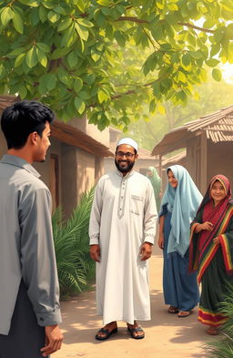 A scene depicting a traditional Islamic village setting, featuring a husband dressed in modest, culturally appropriate attire typical of a rural area