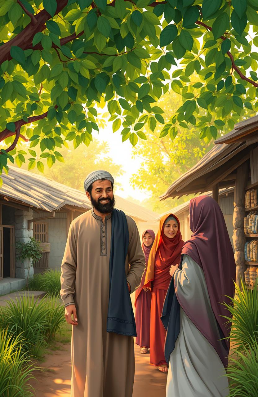 A scene depicting a traditional Islamic village setting, featuring a husband dressed in modest, culturally appropriate attire typical of a rural area