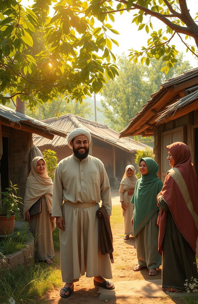 A scene depicting a traditional Islamic village setting, featuring a husband dressed in modest, culturally appropriate attire typical of a rural area