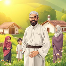 A traditional Islamic village scene, showcasing a husband in modest attire typical of rural life