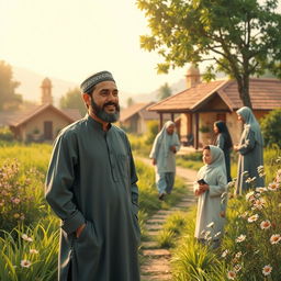 A traditional Islamic village scene, showcasing a husband in modest attire typical of rural life