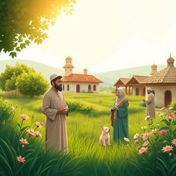 A traditional Islamic village scene, showcasing a husband in modest attire typical of rural life