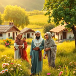 A traditional Islamic village scene, showcasing a husband in modest attire typical of rural life