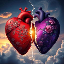 A surreal and emotional artwork depicting a pair of torn hearts, intricately designed with delicate lace and vibrant colors
