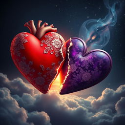 A surreal and emotional artwork depicting a pair of torn hearts, intricately designed with delicate lace and vibrant colors