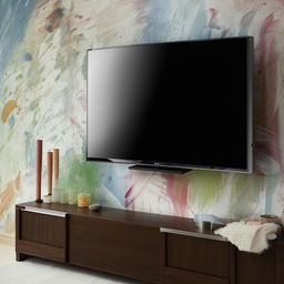 A stylish, modern TV stand mounted on a freshly painted wall with contrasting colors and textures