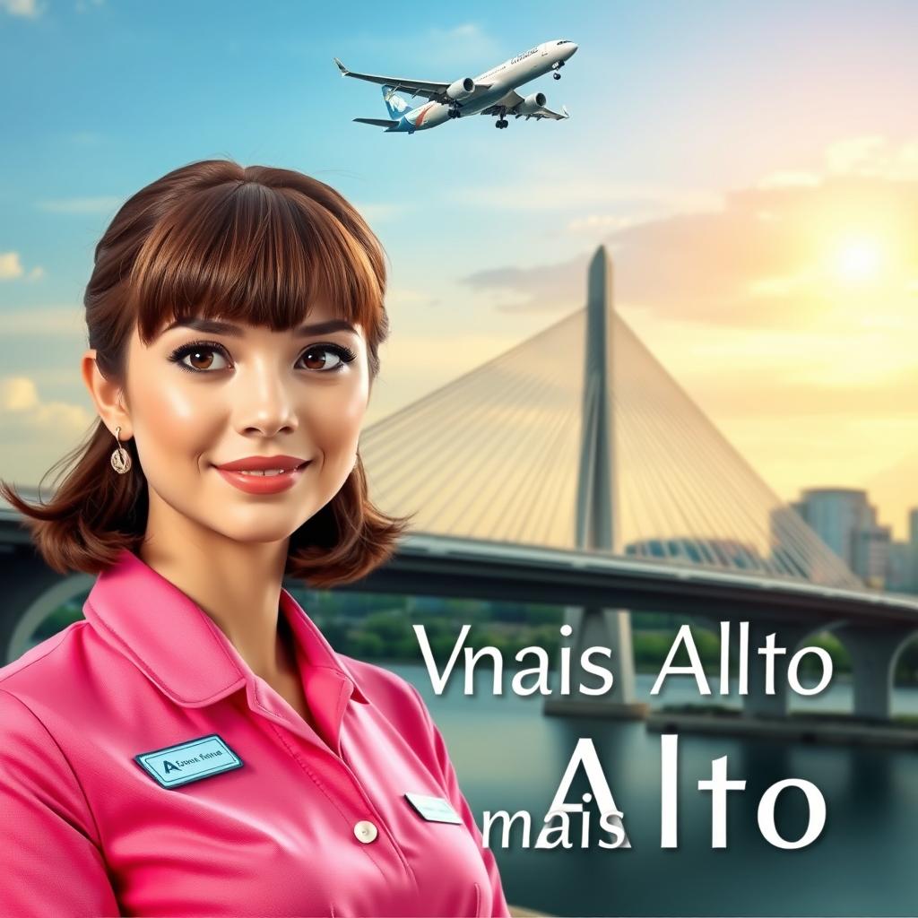 A female flight attendant with brown hair and bangs, brown eyes, wearing a stylish pink uniform, stands confidently in the foreground